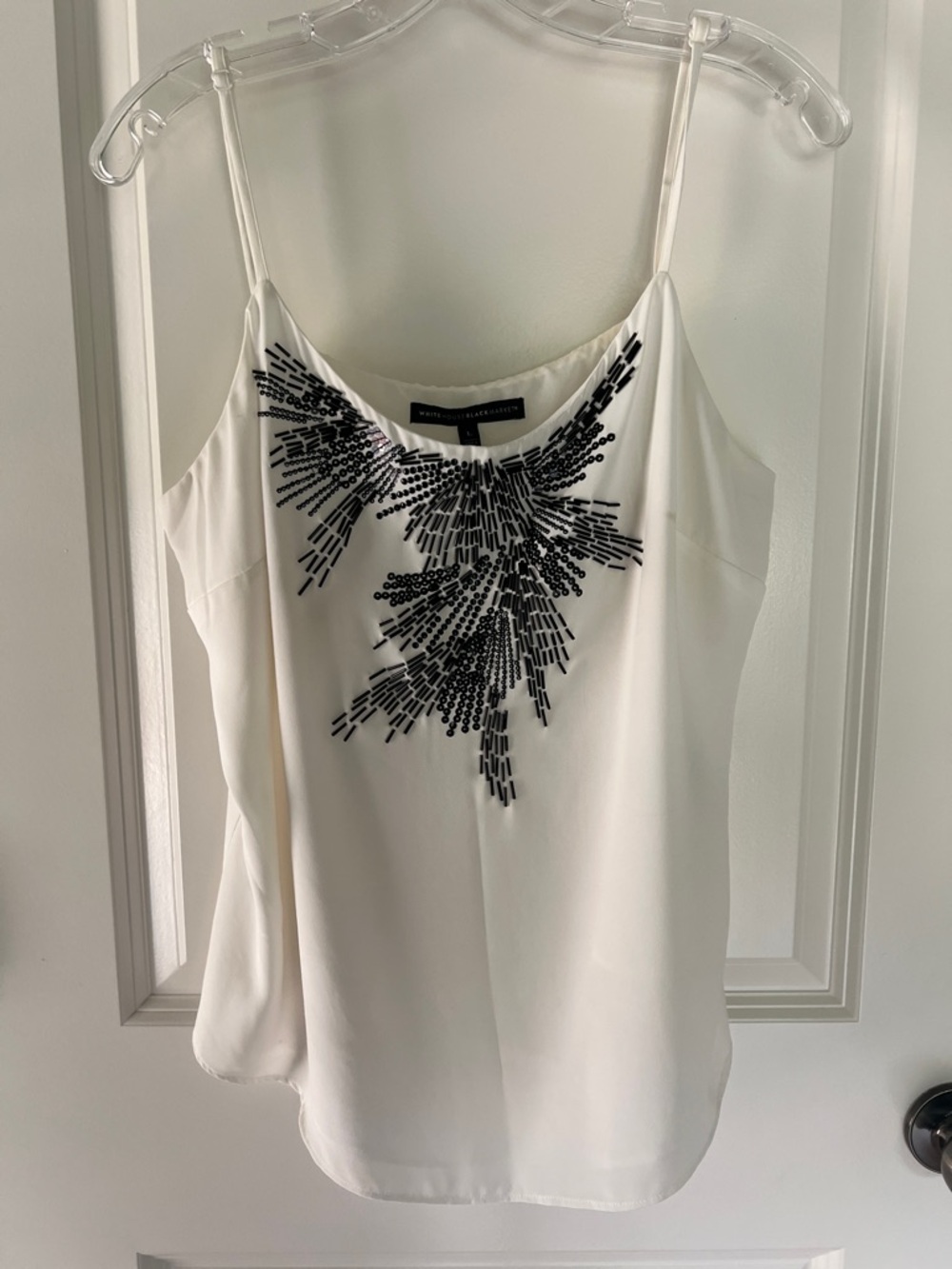 White House Black Market Ivory Spaghetti Strap Top with Black Beaded Detail